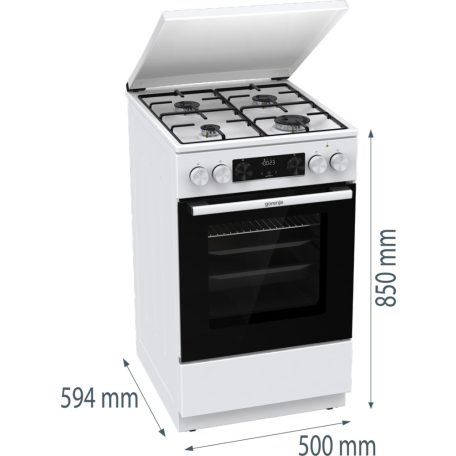 Gorenje GK5C42WJ fehér, szabadonálló, gáz, kombinált tűzhely 4 főzőzóna sütő:62liter hőlégkeverés grill