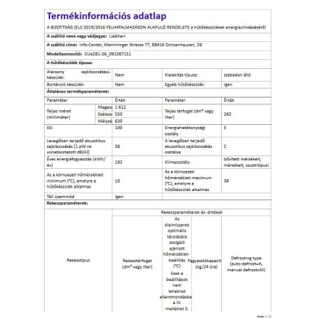 Liebherr CUe 281-26 Alulfagyasztós hűtő 55cm